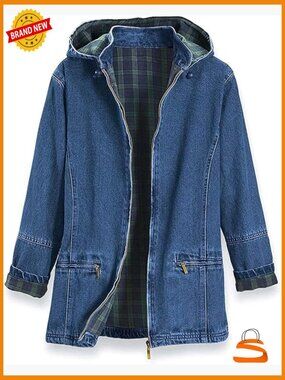 Flannel Lined Denim Jacket with Detachable Hood, Zip Front & Pockets